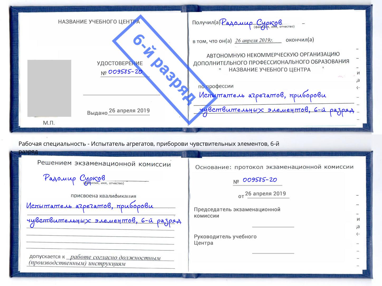 корочка 6-й разряд Испытатель агрегатов, приборови чувствительных элементов Магадан