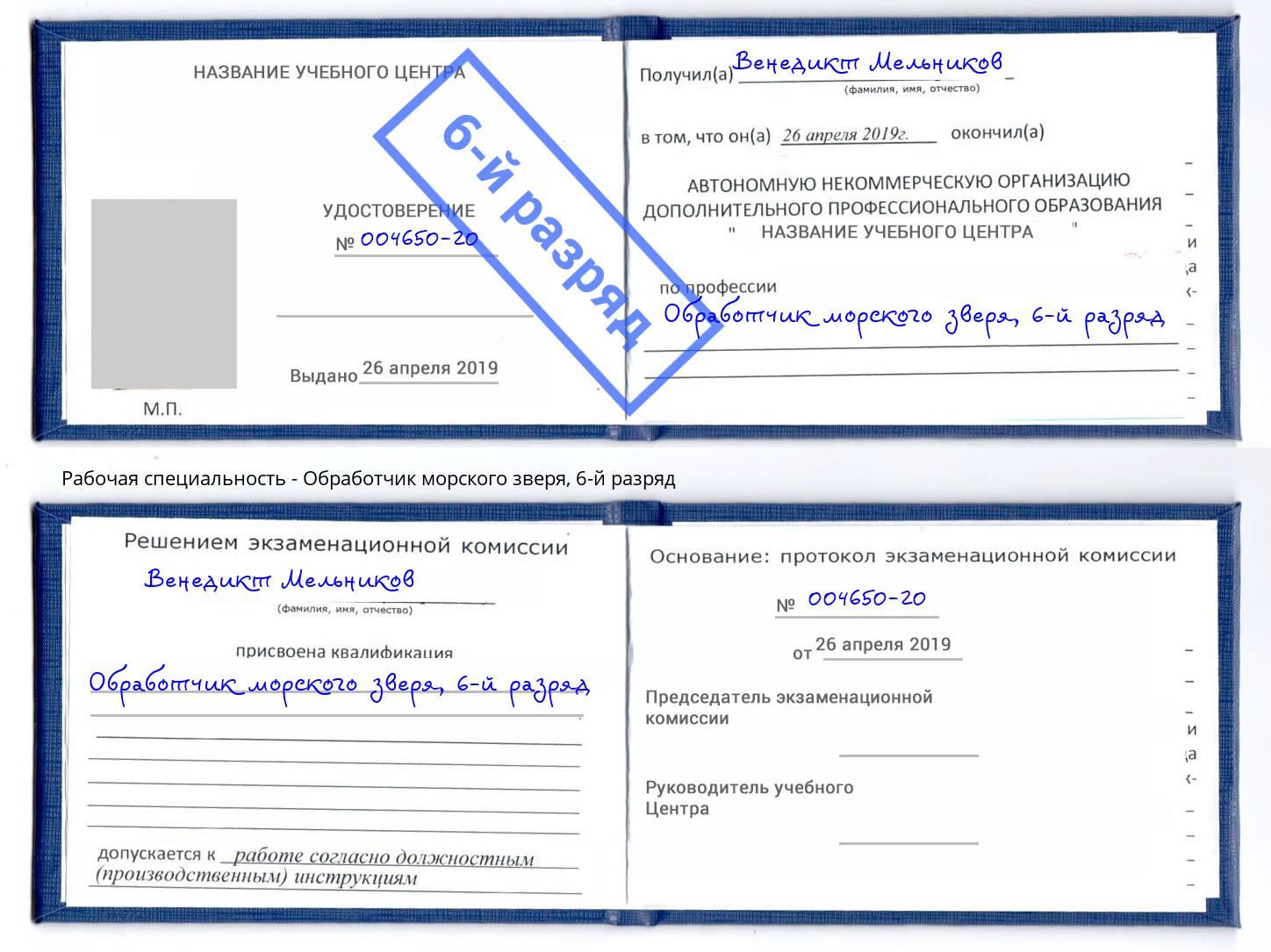 корочка 6-й разряд Обработчик морского зверя Магадан
