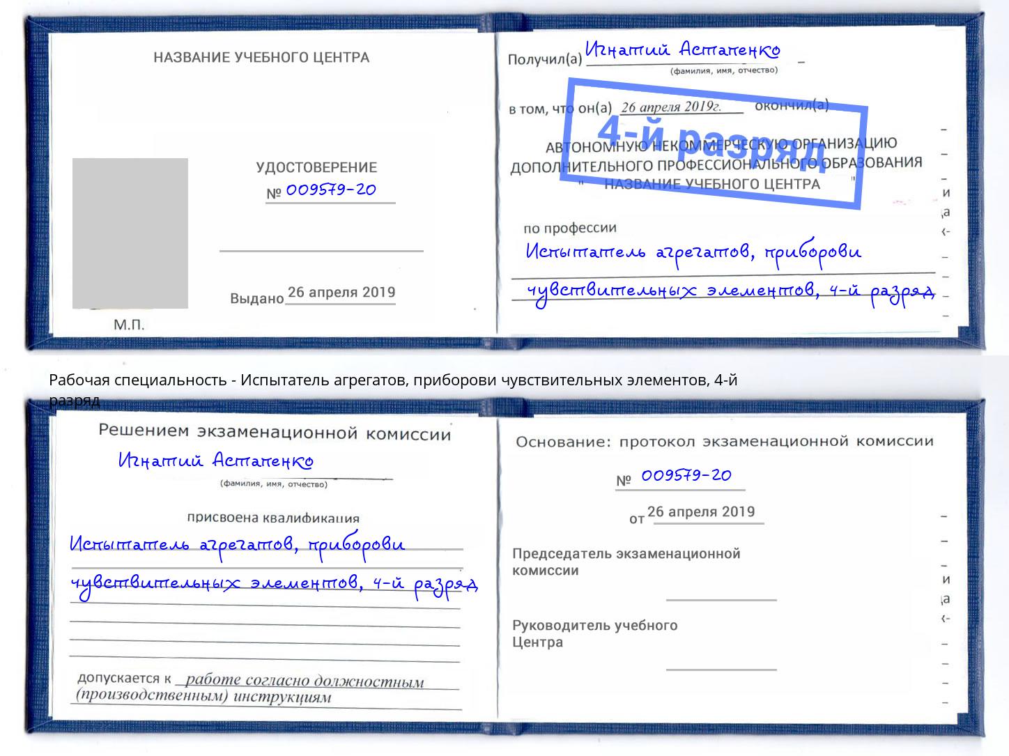 корочка 4-й разряд Испытатель агрегатов, приборови чувствительных элементов Магадан