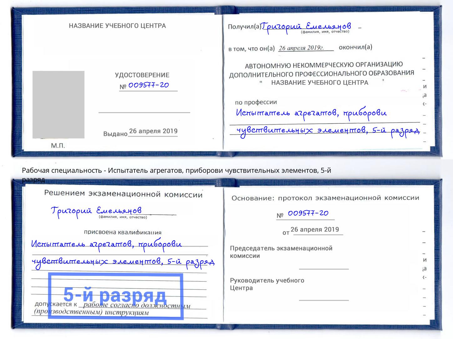 корочка 5-й разряд Испытатель агрегатов, приборови чувствительных элементов Магадан