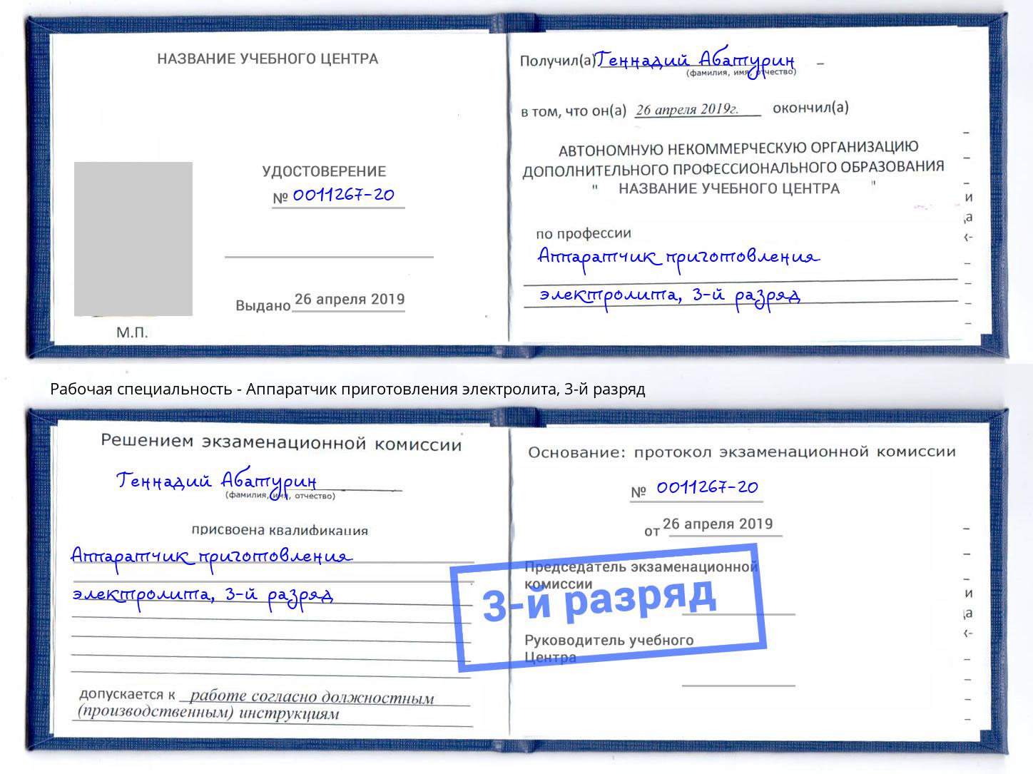 корочка 3-й разряд Аппаратчик приготовления электролита Магадан