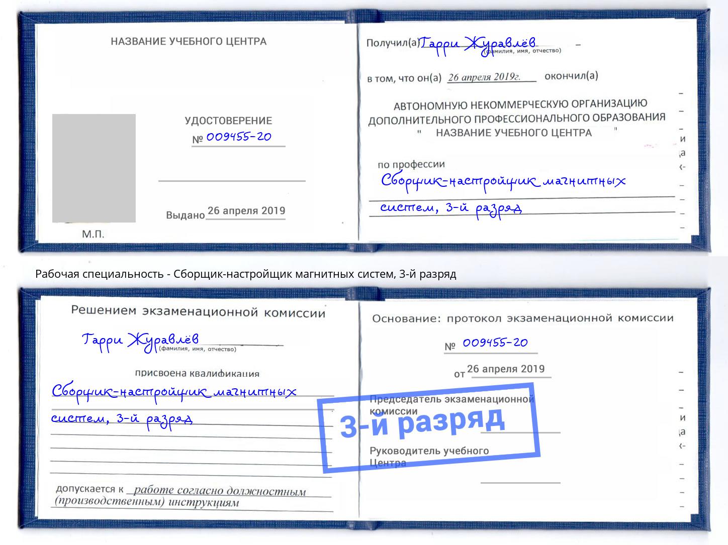 корочка 3-й разряд Сборщик-настройщик магнитных систем Магадан