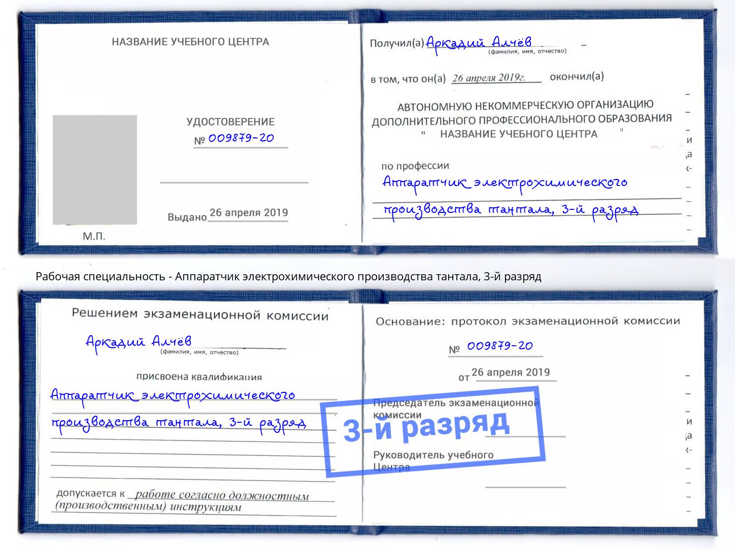 корочка 3-й разряд Аппаратчик электрохимического производства тантала Магадан