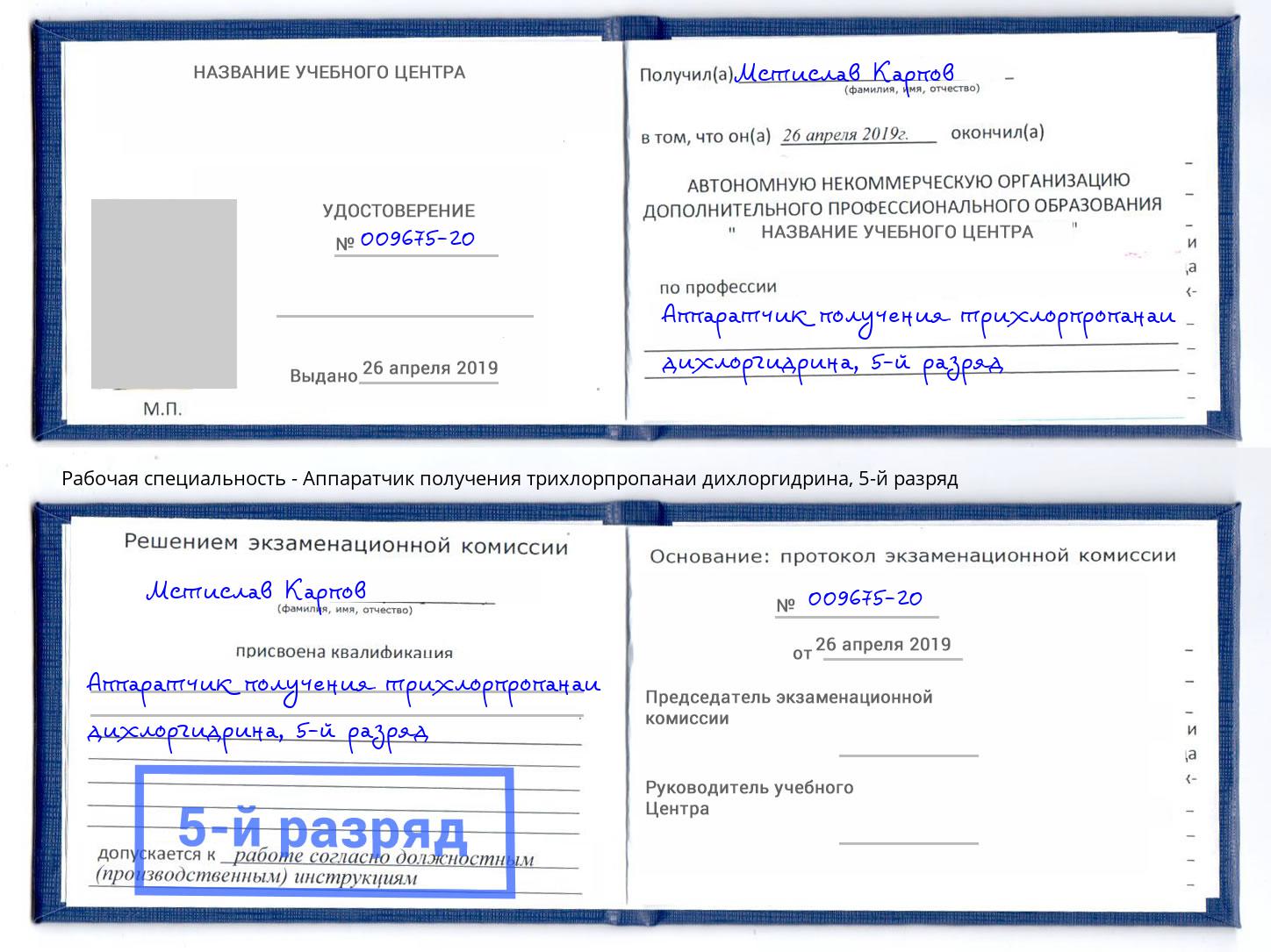 корочка 5-й разряд Аппаратчик получения трихлорпропанаи дихлоргидрина Магадан